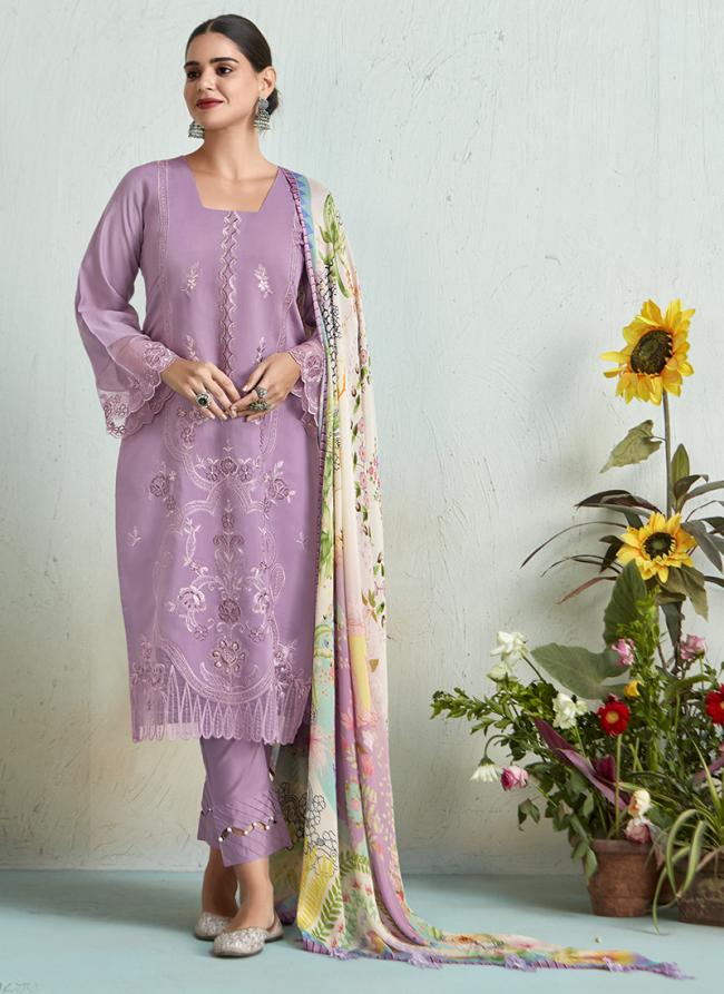 Pure Muslin Lilac Traditional Wear Embroidery Work Salwaar Suit